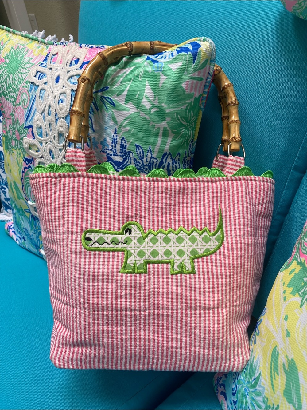 Pink Seersucker Alligator Tote with Bamboo Handles